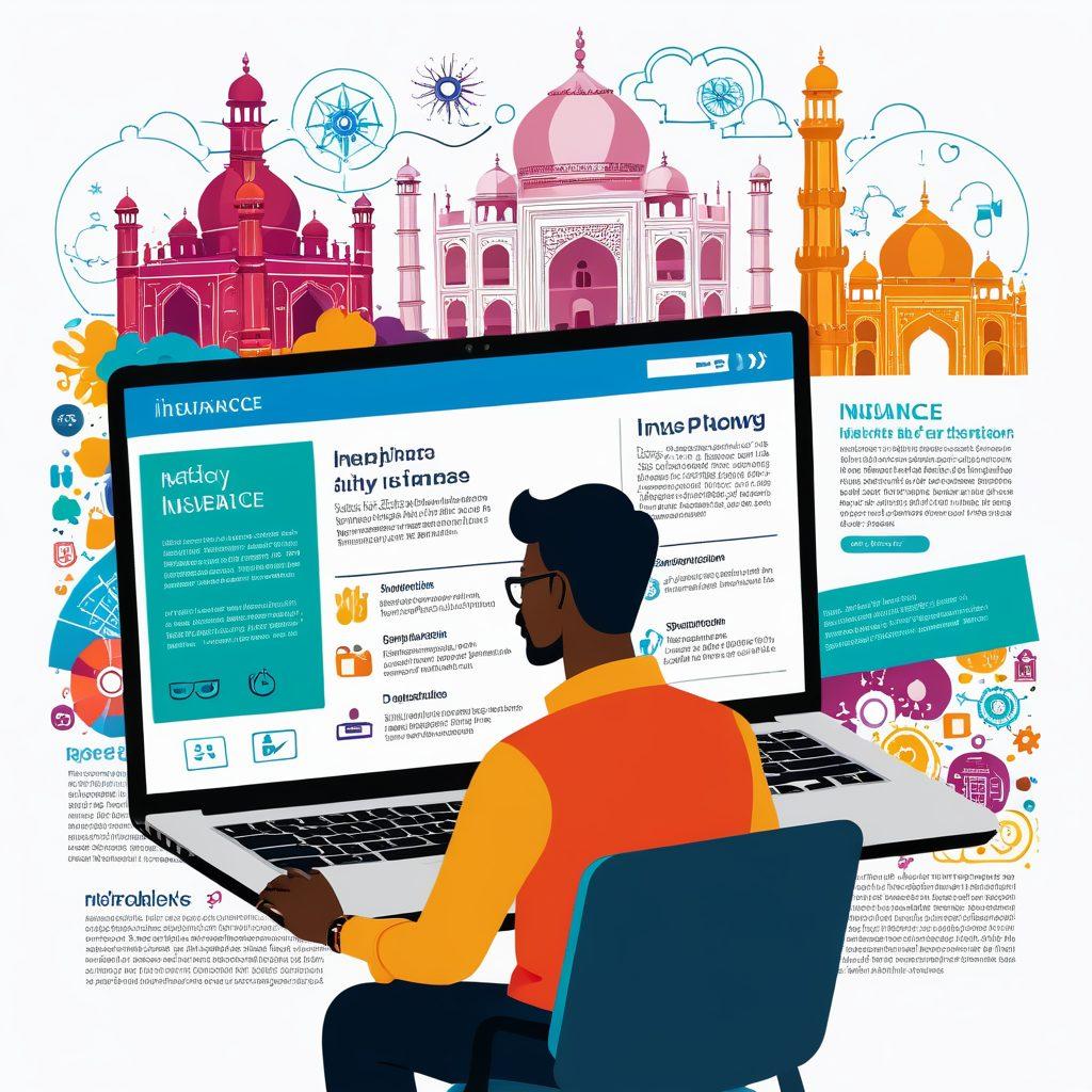 A detailed infographic showcasing a person browsing insurance quotes on a laptop, surrounded by various digital resources like calculator, charts, and insurance policy documents, with elements representing India such as the Taj Mahal in the background, and vibrant icons symbolizing security and financial growth. vector art. bright colors. white background.