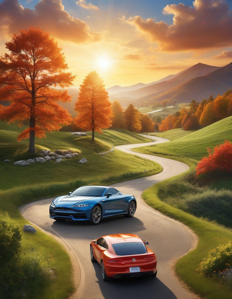 A detailed and visually appealing collage showcasing various insurance policies with symbols representing health, auto, and life insurance. Include elements like medical symbols, cars, and family figures integrated into a roadmap metaphor, guiding the viewer through the complexities of these policies. The background should feature a tranquil landscape that conveys security and peace of mind. Illustrate the theme of protection and guidance with warm, inviting colors. vibrant colors. 3D.