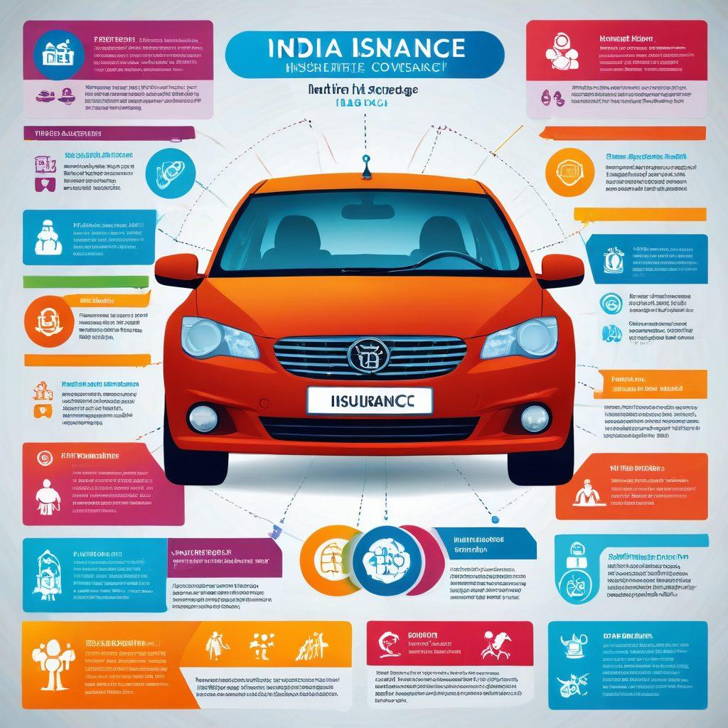 A detailed infographic showcasing India's essential insurance coverage, featuring icons representing health, auto, and life insurance. Include a map of India in the background with symbols illustrating various policies. Use vibrant colors to differentiate each insurance type and visually guide the viewer. Overlay with friendly text bubbles that explain key aspects and benefits of each policy. vector art. vibrant colors.